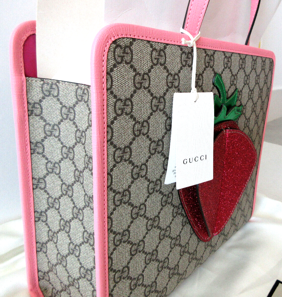 NEW GUCCI Kids GG Supreme Pink 3D Strawberry Top Handle Tote Bag