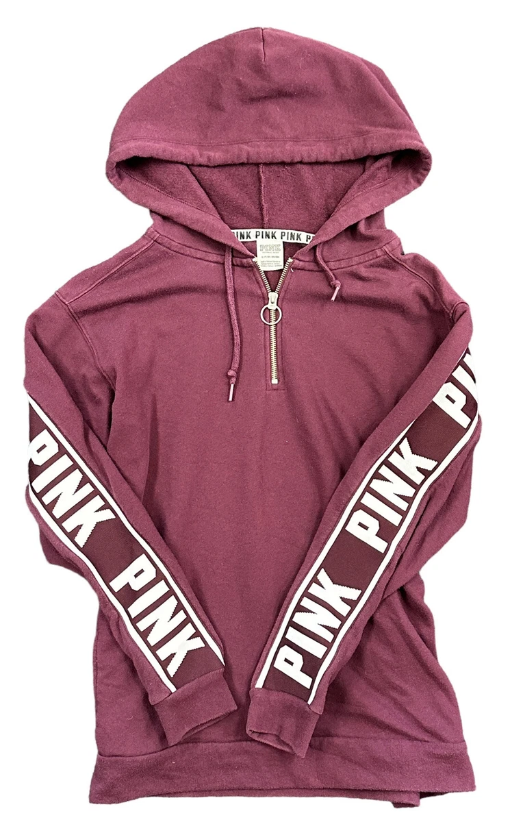 Victoria Secret PINK Maroon 1 4 Zip Hoodie Spellout Down Sleeves
