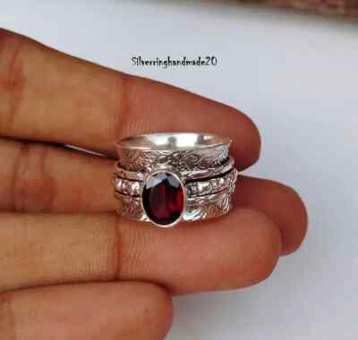 925 Sterling Silver Ring& Natural Red Garnet Spinner Ring Handmade  All Size