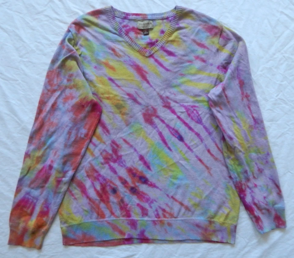 Suéter Pullover Tie Dye Rosa Amarillo Cuello en V Grande Para Hombre Algodón Hecho a Mano Rayas Foto 3 de 4