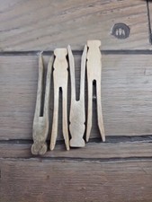 4 Vintage Flat Sided Wooden Clothes Pins Crafts Weathered Various
