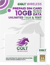 Colt Wireless USA Prepaid SIM 10GB 5G/4G Hotspot Unltd Talk/Text to 90 Countries
