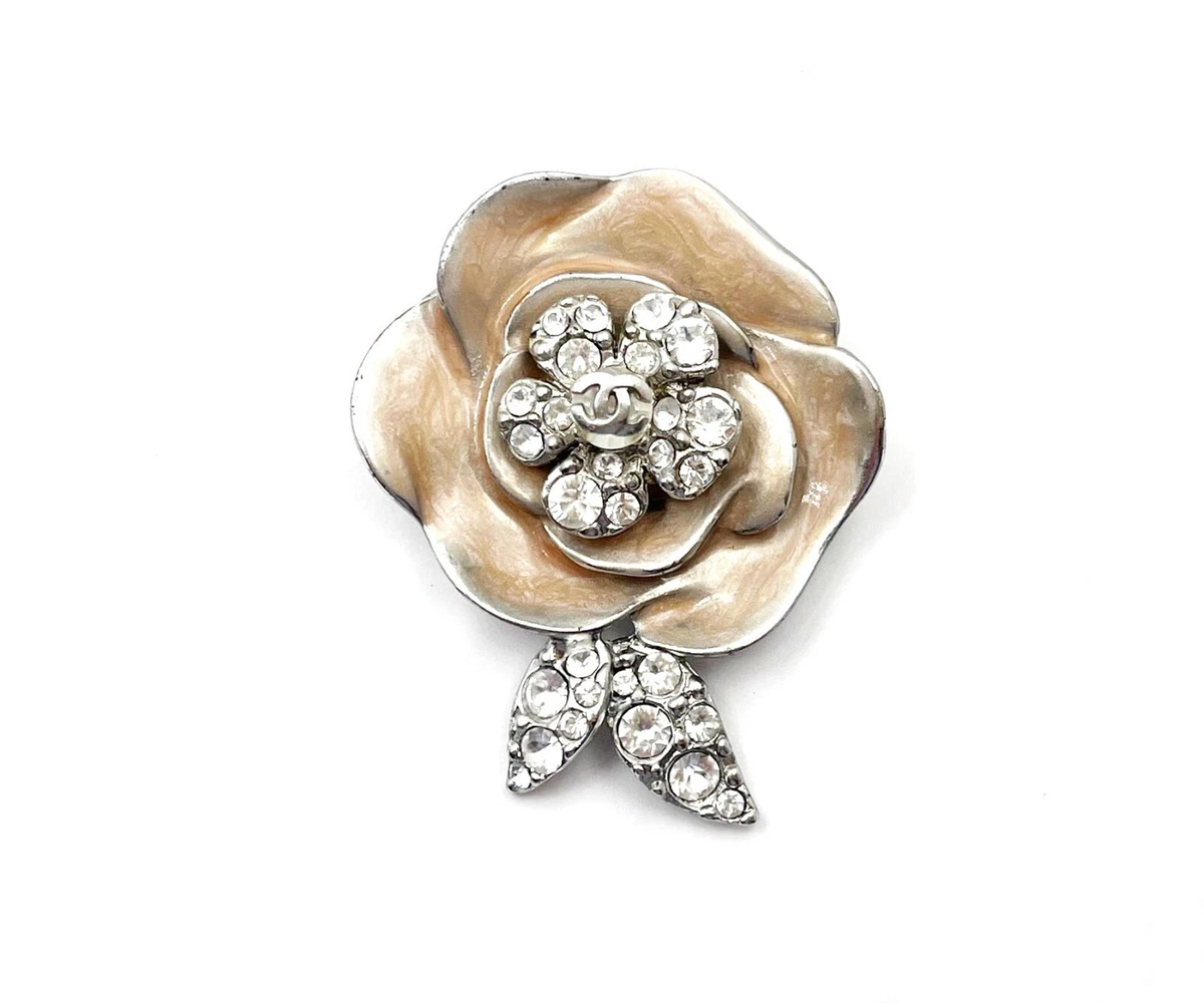 Chanel Silver CC Crystal Pink Enamel Camellia Flower Brooch