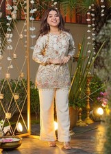 Women Indian Embroidered Kurta Pant Set 2 Piece Ethnic Party Wear Cream Tunic