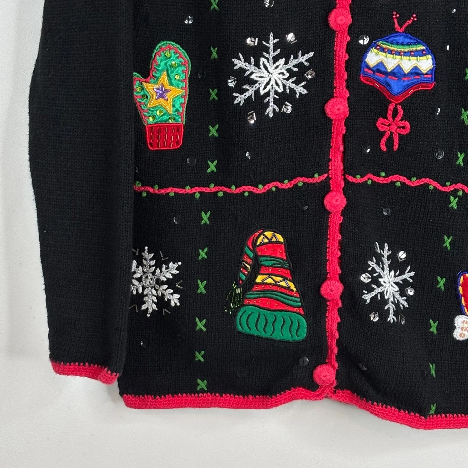 Cárdigan Suéter Navidad Feo Años 90 De Colección M Negro Cuentas Bordado Mitón Copo de Nieve Foto 3 de 4