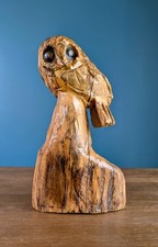 Vintage 1985 American Folk Art Spalted Wood Owl Sculpture Hand Carved Chainsaw