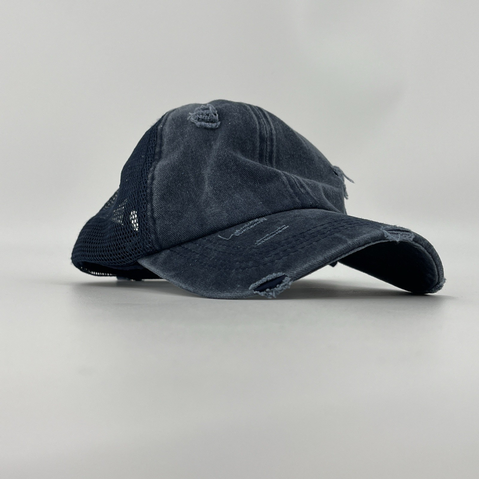 Navy Distressed Hat - Solid Blue StrapBack MeshBa… - image 11