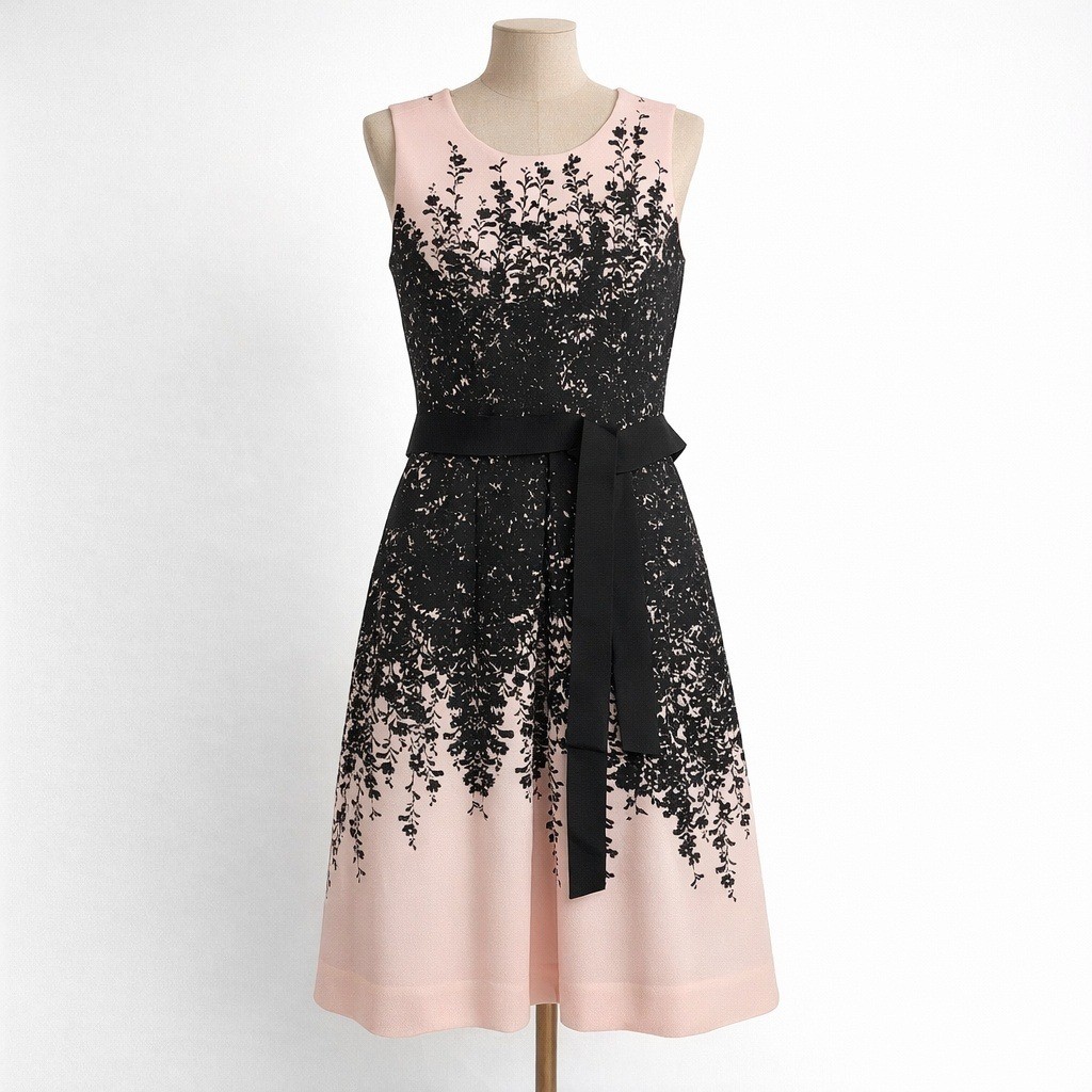 Floral Belted Fit Flare Midi Dress Size 8 Pink Black Romantic Pockets  Whimsigoth | eBay