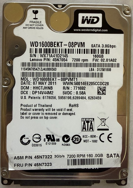 Western Digital WD1600BEKT 160GB 2.5″ SATA Hard Drive – 7200 RPM, 16 MB Cache