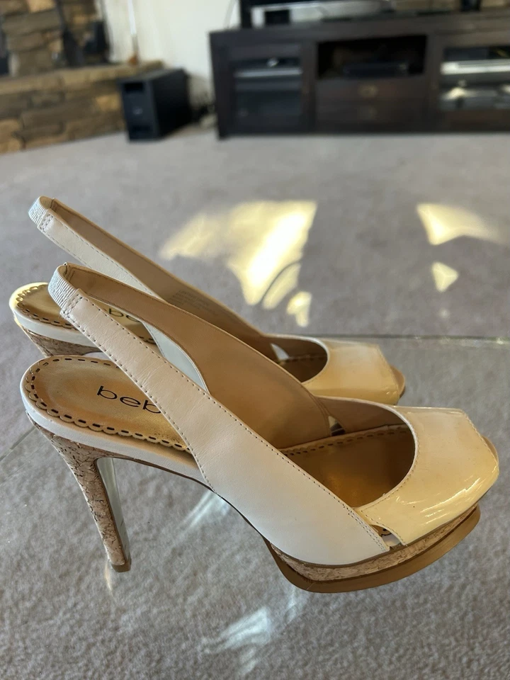 Bebe Peep Toe Slingback High Heels Ivory Patent Leather - image 3 of 4