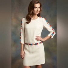 Tory Burch Ivory 3/4 Sleeves Beaded Trimmed 100% Silk Knee-Length Aztec Dress
