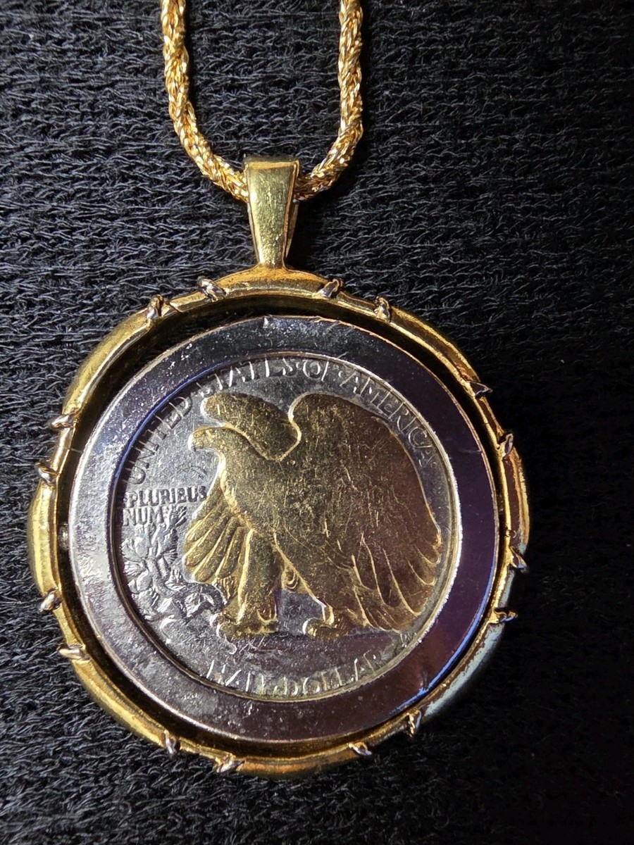 Gold Layered Silver Walking Liberty Half Dollar Coin Pendant
