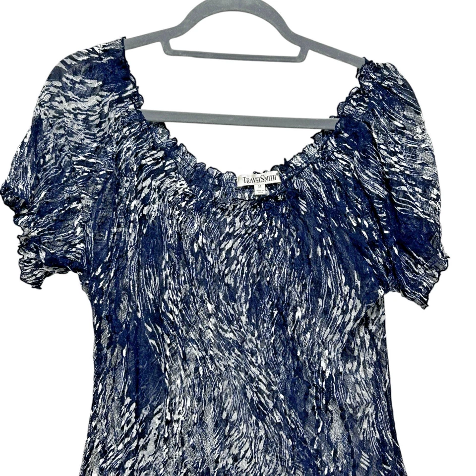 Top de malla TravelSmith para mujer M azul marino abstracto arrugado transparente Y2K retro caprichoso Foto 3 de 4