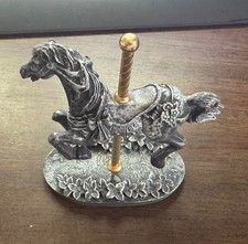 Older Pewter Colored Resin Carousel Horse on Gold Pole - Lots of Detail