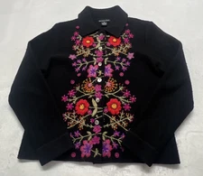 Vintage Eagles Eye M 100% Wool Sweater Cardigan Jacket Black Floral Embroidered