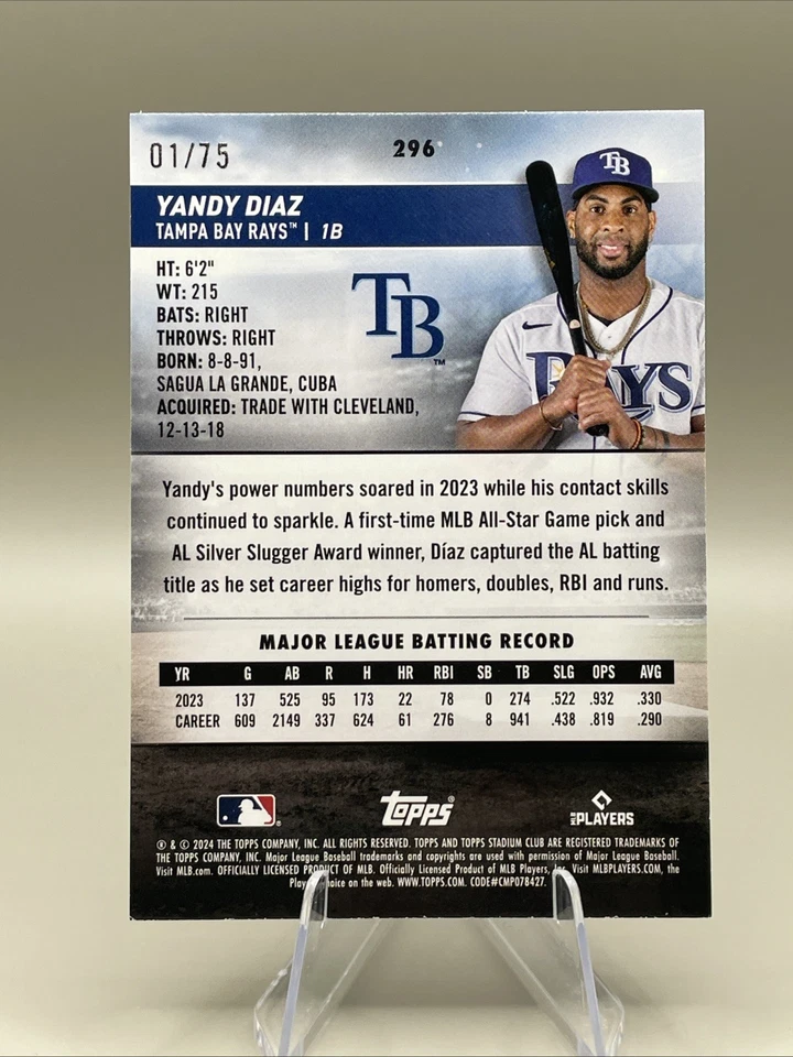 2024 Stadium Club Purple Foil #296 Yandy Diaz 01/75 ~ Tampa Bay Rays - Image 2 of 3