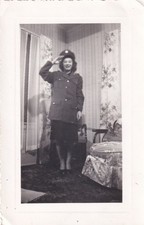 Original WWII Snapshot Photo WIFE Wearing HUSBAND'S ARMY UNIFORM  HAT 374