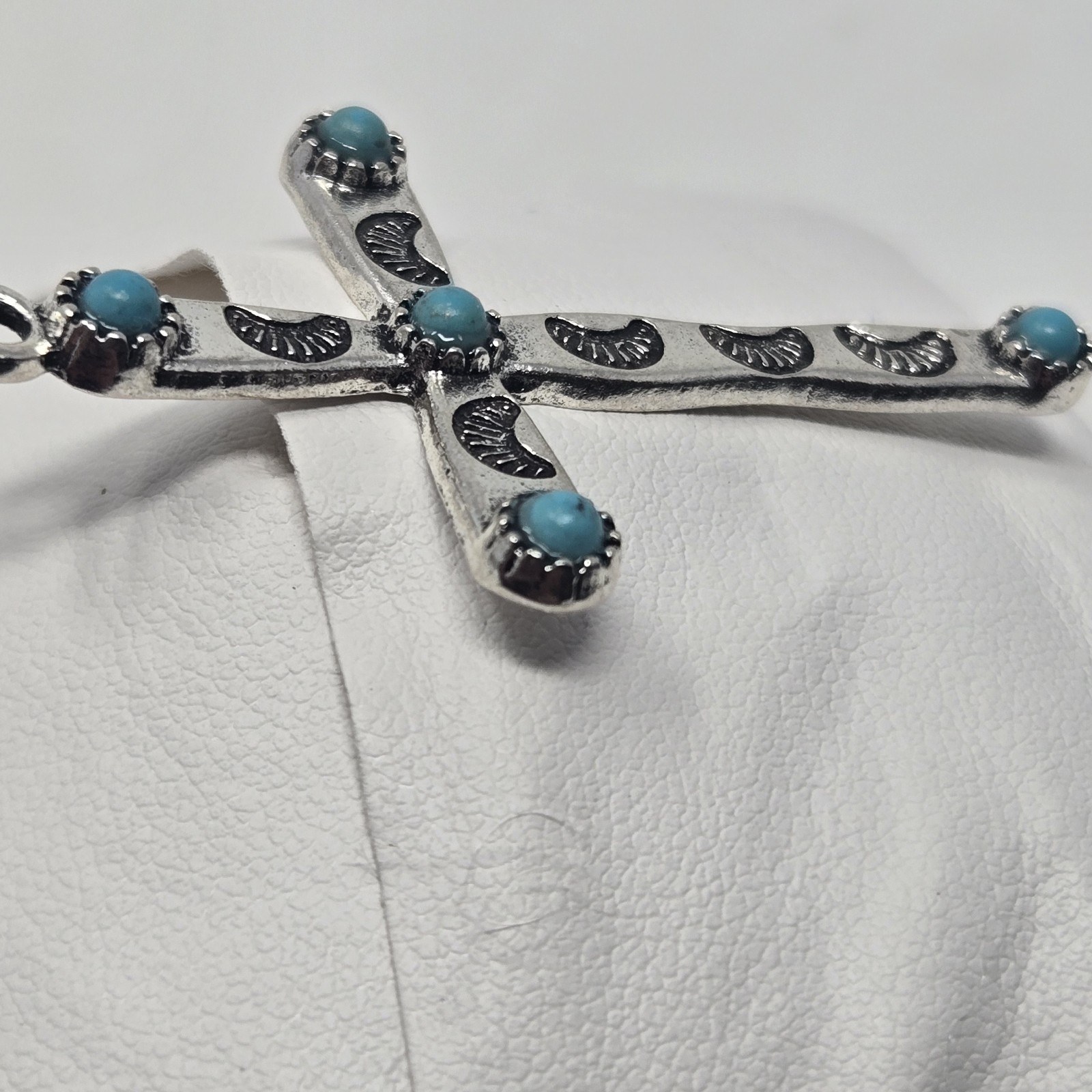 Imitation Turquoise Cross Pendant Southwest Native American Style Silver Tone image 7