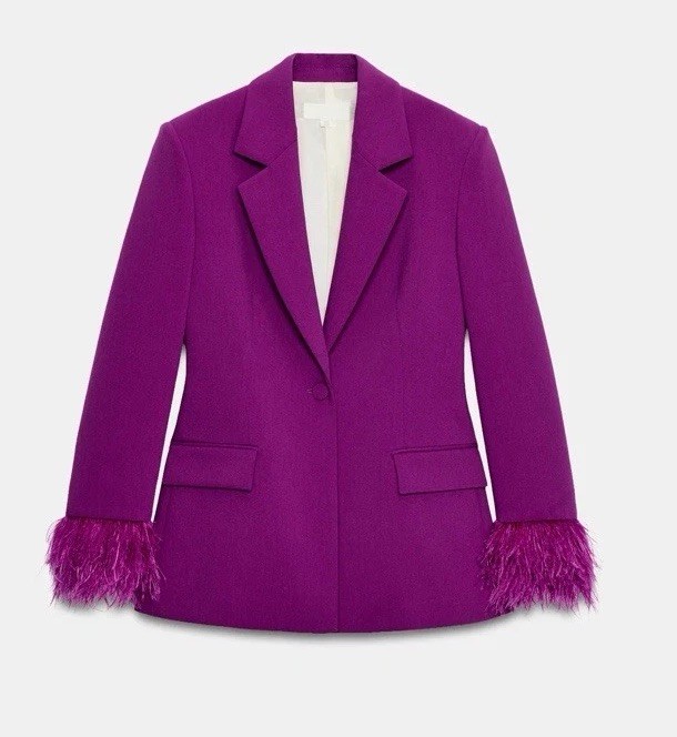 ZARA BLAZER CON PUÑOS DE PLUMAS HOMBRERAS MORADO NUEVO SS26 Talla L 2654/593