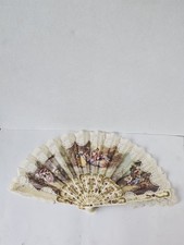 Vintage French Scene Celluloid Fan with Lace Signed Romano Gold Tone Multicolor