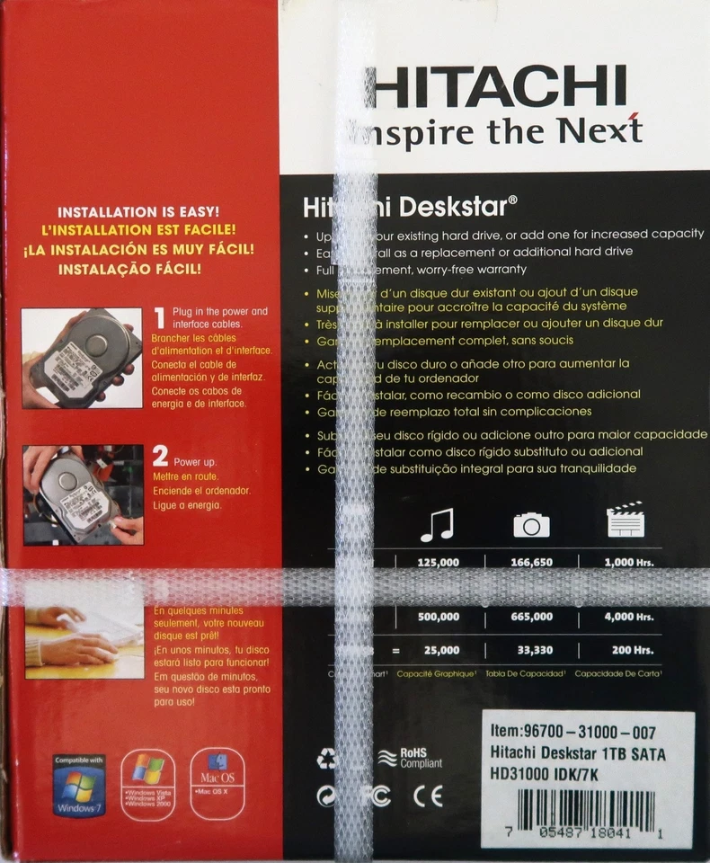 Hitachi Deskstar 3.5" 32MB 6Gbs 7200rpm SataIII 1TB HD31000 IDK/7K "New Sealed" - Image 2 of 4