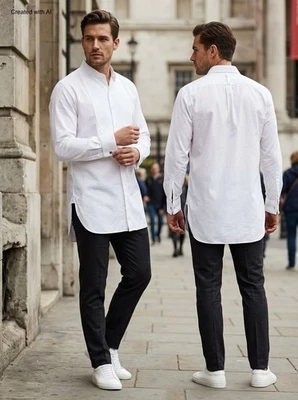 VINTAGE E. LODGE & CO London White Tuxedo Bib Shirt French Cuffs Tunic 48 Chest - Imagen 1 de 4