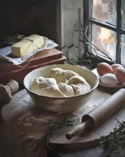 Cozy Kitchen Scene | Dough & Herbs on Wood | Vintage Oil Painting Museum Print