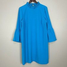 J. Crew Ruffle Neck Shift Dress Women’s Size 14 Bell Sleeves 365 Crepe Aqua Blue