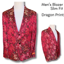 Men's Slim Fit Dragon Red Satin Blazer Dinner Jacket Modern Hipster StreetWear