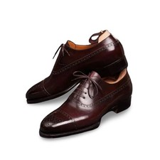 Handmade Brown Genuine Leather Oxford Lace Up Cap Toe Dress Office Shoes For Men