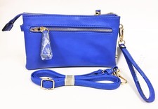 NEW ISABELLE COBALT BLUE VEGAN LEATHER,3 TOP ZIP,GOLD CHAIN CROSSBODY,WRISTLET