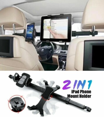 2 in 1 360° Rotate Car BackSeat Headrest Mount Bar Dual Holder For iPad Tablet