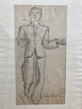Beautiful Large Drawing Man Suit Portrait 1950 Lead Charcoal Suzanne Tourte