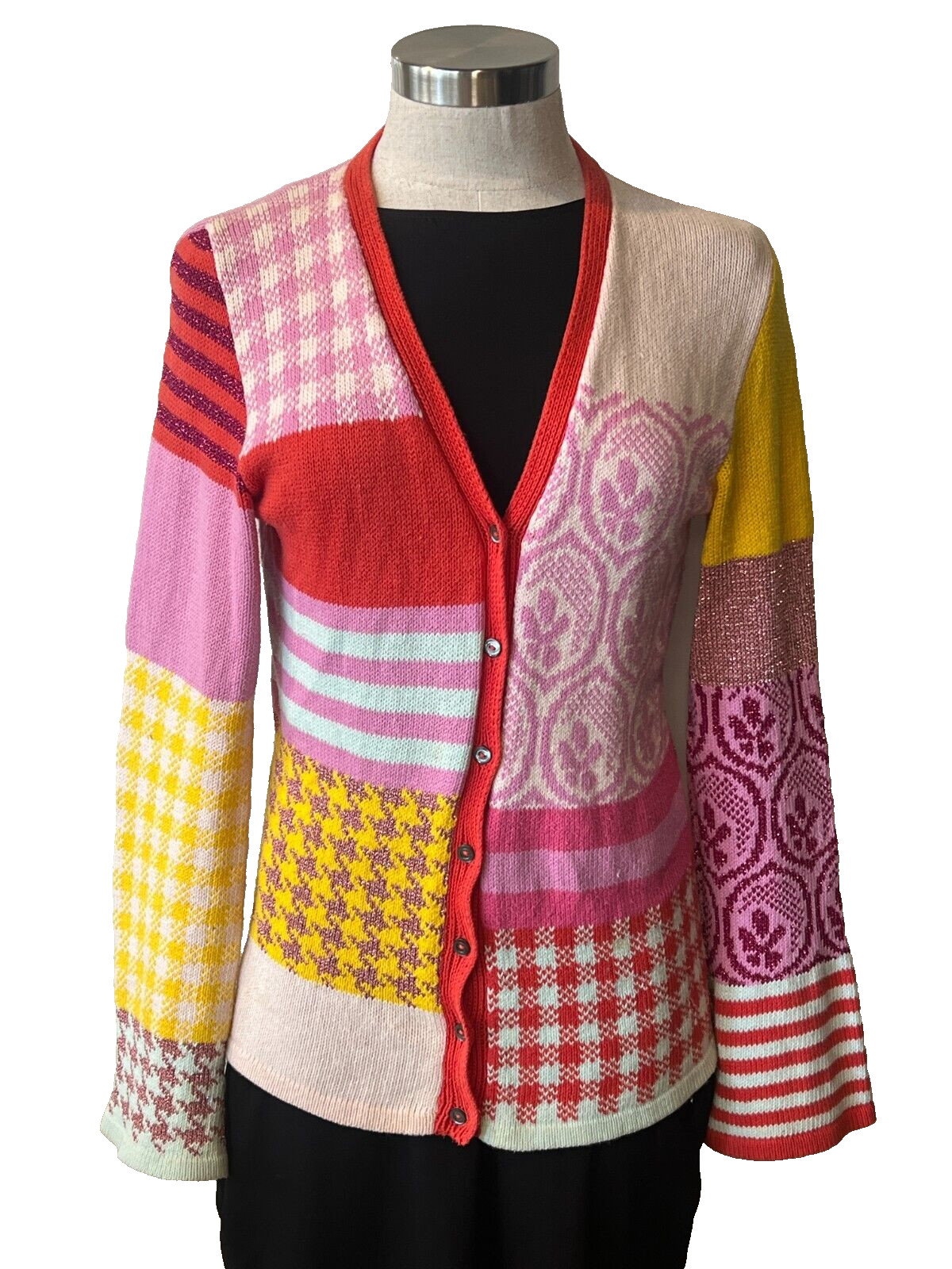 JOHN MACARTHUR for PURL HARBOUR Pink Multi-Pattern Handknit Cotton Cardigan S-M image 5