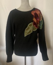Vintage Italian Sweater Angora Blend, Appliqu d Velvet, Satin, Embroidery SZ M