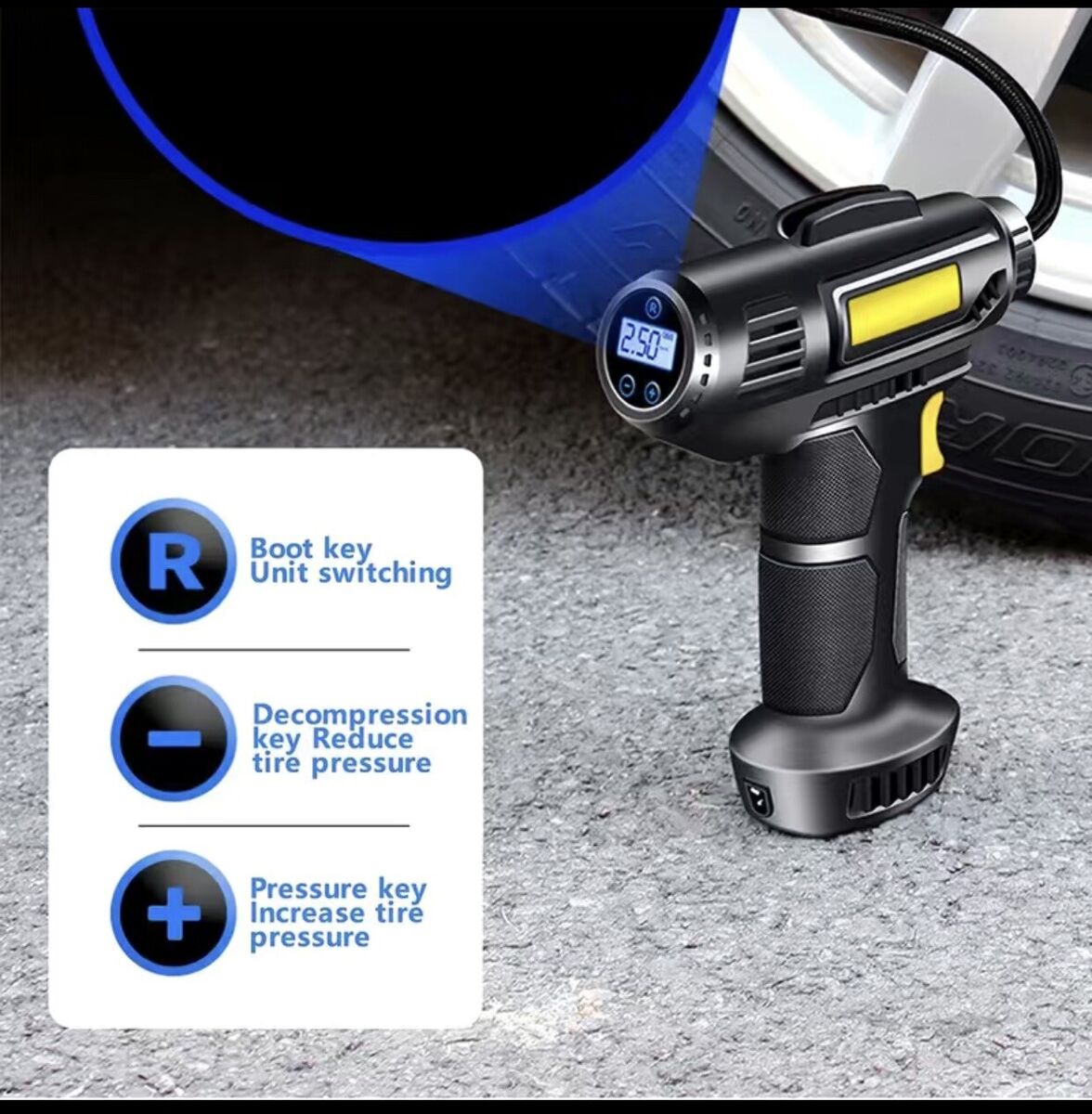 120W Portable Car Air Compressor Handheld Inflatable Tyre Pump Wireless  Digital