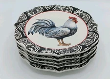 5 Cracker Barrel 8-3/8" Salad Dessert Plates Black Red Rooster Chicken; NWT