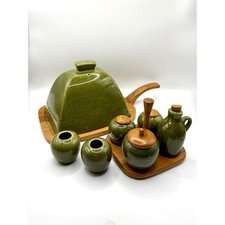 Scandinavian Vintage Green Ceramic & Teak Kitchen Set | Mid-Century Tableware,