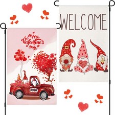2 Pieces Valentine s Day Garden Flag 12 x 18 Inch Valentine Gnome Welcome Flag f