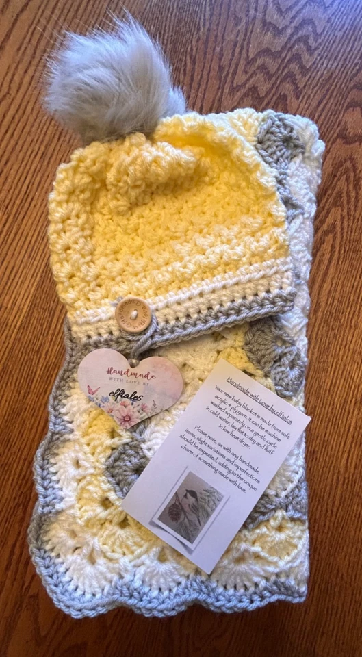 yellow & gray farmhouse  handmade crochet  Baby  blanket & hat set  - Image 3 of 4