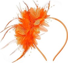 Fascinators Hat Women Tea Party Headband Feather Pearl Flower One Size Orange