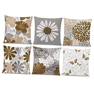  Brown Grey Pillow Covers 16x16 Set of 6 Decorative Daisy Flower Throw Pillow 