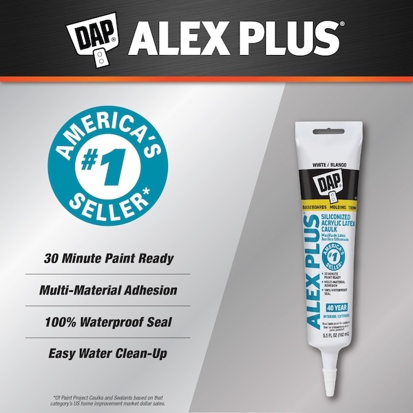 Dap 18128 Silicone Caulk, 6 Oz, Tube, White, Silicone Base, Alex Plus