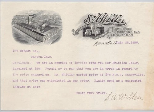 1896 SA Weller Signed Zanesville OH Art Pottery Jardinieres Letterhead BH1-31