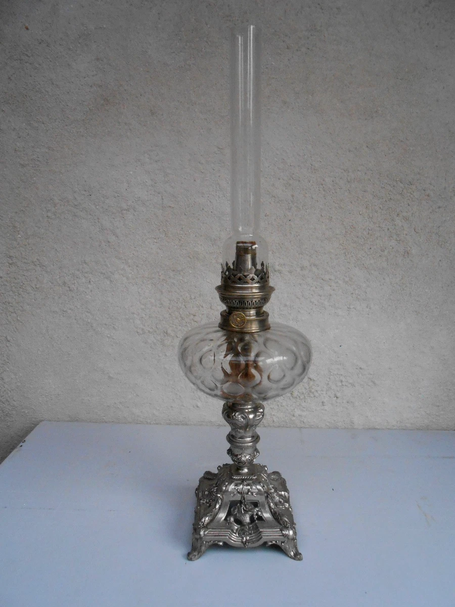 RARE GRANDE LAMPE À PÉTROLE SUR PIED VERRE TEINTÉ AMBRÉ