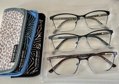 Foster Grant 3er Pack Damen Lesebrille Metall & gemustert +2,00, 3 Etuis, Neu