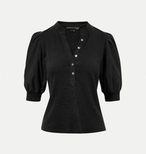 NEW Veronica Beard Coralee Puff-Sleeve Ribbed Split-Band Collar Top in Black, L