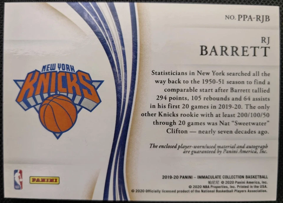 2019-20 Panini Immaculate RJ Barrett Rookie Premium Patch Auto 24/25 #PPA-RJB - Image 2 of 2