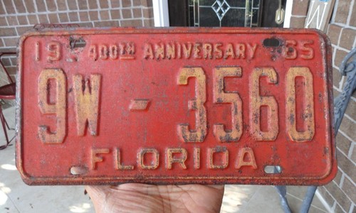 original FLORIDA fla Escambia Tag 400th ANNIVERSARY LICENSE PLATE #9W-3560 1965