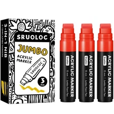3 Jumbo Permanent Markers Red, 15mm Thick Wide Tip, Large Acrylic Paint Marke...